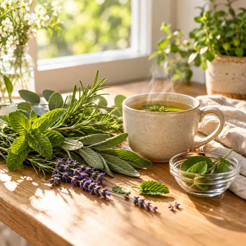 Fresh green leaves and herbs in morning light on a wooden table